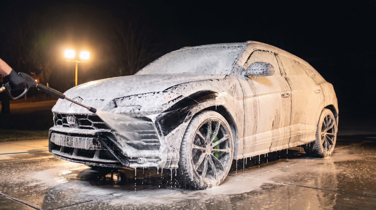 Jake's black Lamborghini Urus covered in white snow foam at night while a detailer rinses it with a pressure washer.